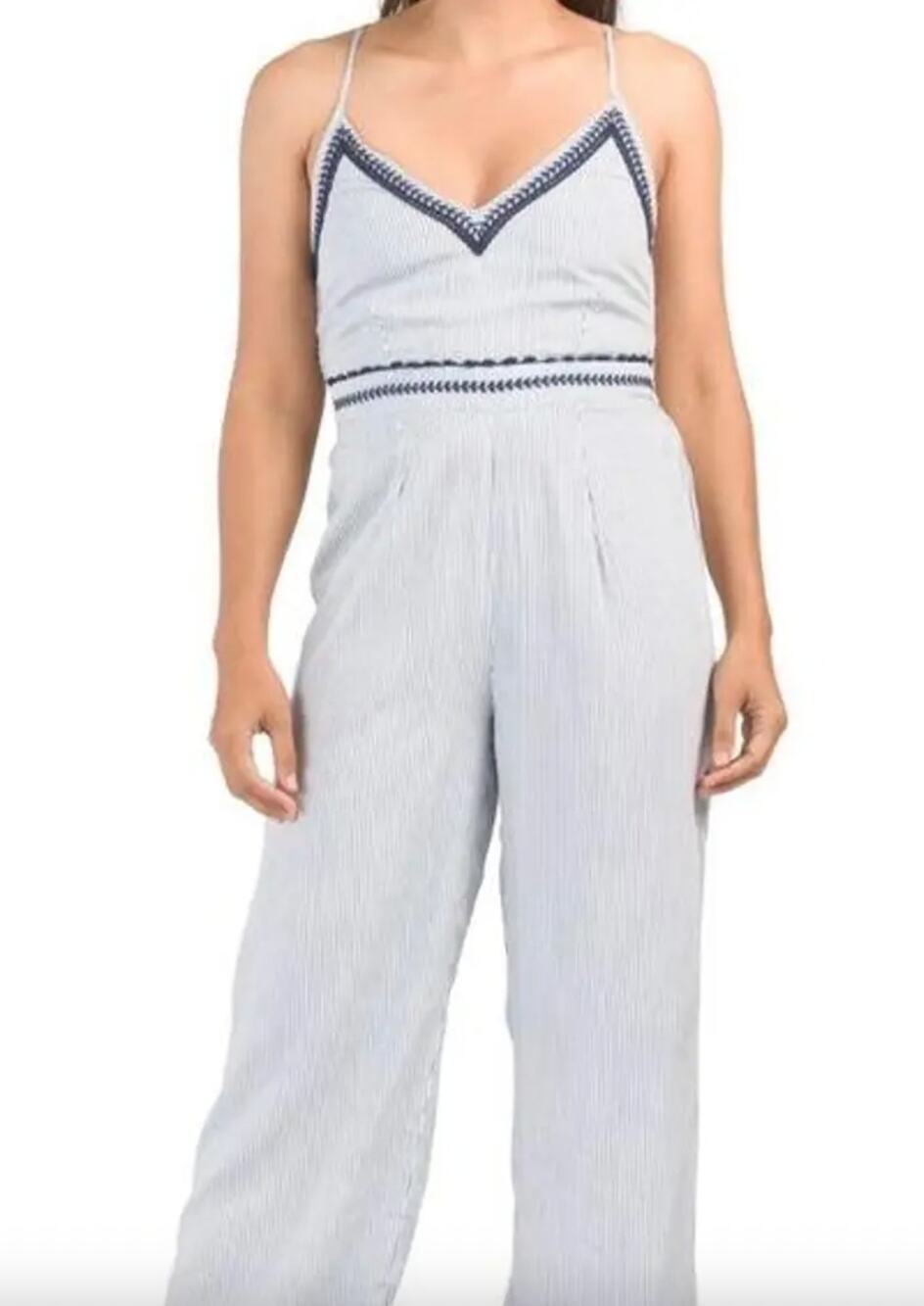 Japna Sleeveless V-Neck Stripe Jumpsuit Size XS Nautical Coastal Beach Preppy